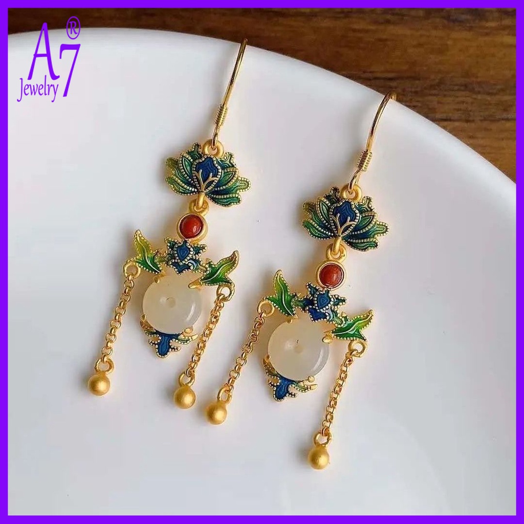 Bông Tai Bạc S925 Đính Ngọc Bích Trắng Phong Cách Cổ Điển Thanh Lịch Dành Cho Nữ A7