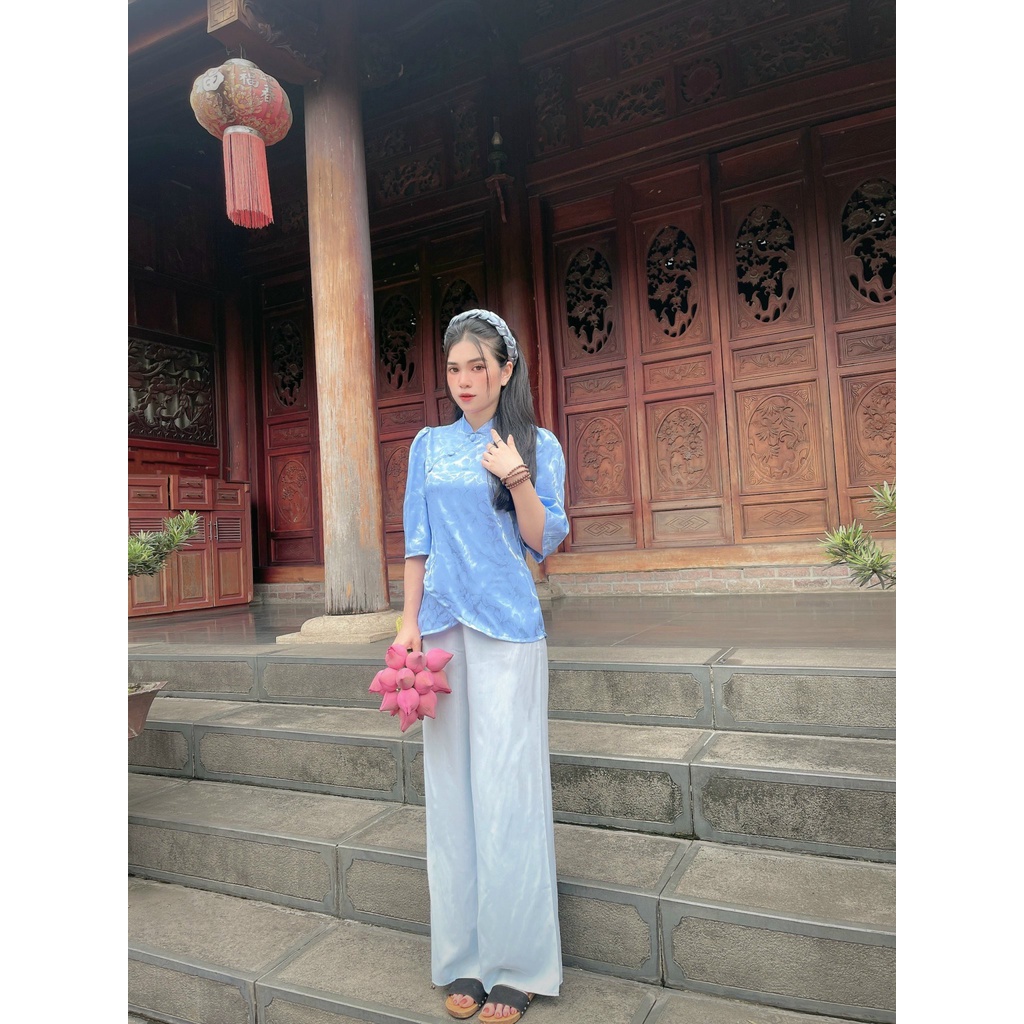 Đồ lam đi chùa nữ - Bộ lụa gấm Phật tử thiết kế vải mềm mịn # Mẫu cổ tàu vạt chéo xinh xắn # Set đi lễ KÈM QUẦN B42