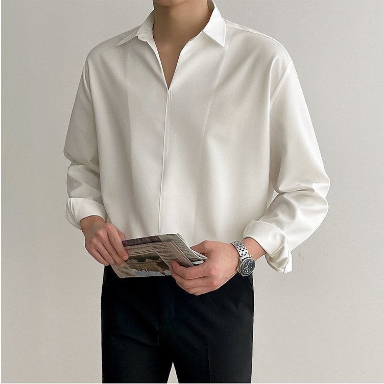 Sơ mi nam nữ cổ V vải lụa, Áo sơ mi form rộng Unisex nam nữ tay dài Hàn Quốc