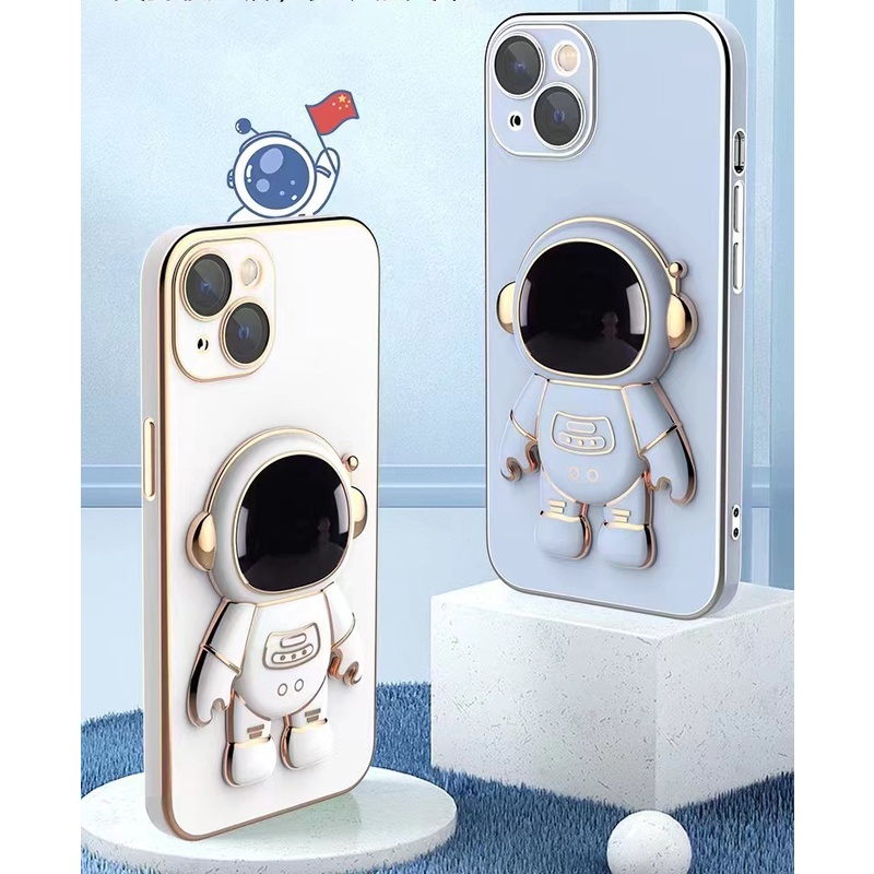 Ốp Điện Thoại Dẻo Vuông Mạ Màu Có Giá Đỡ Hình Phi Hành Gia Cho iPhone 14 13 12 11 Pro Max iPhone X XS XR Max 14 Plus