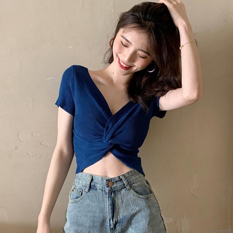 Áo croptop dệt kim thiết kế đan chéo quyến rũ cho nữ