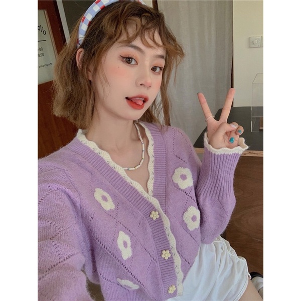 Áo khoác len cardigan dáng ngắn pastel phối hoa ngọt ngào dễ thương Yannie