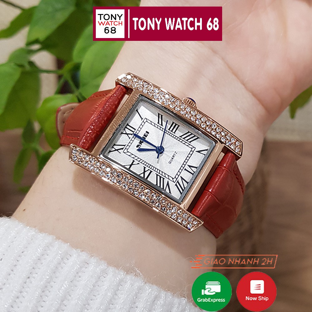 Đồng hồ nữ SKMEI dây da đỏ mặt vuông đính đá chính hãng Tony Watch 68 - Hàng mới về