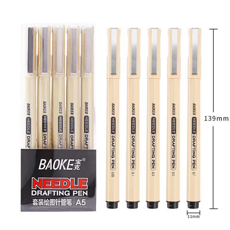 bộ 5 bút vẽ kỹ thuật bút đi nét line Baoke đen đủ cỡ ngòi 0.05 0.1 0.3 0.5 0.7 kháng nước pigment gel ink pen