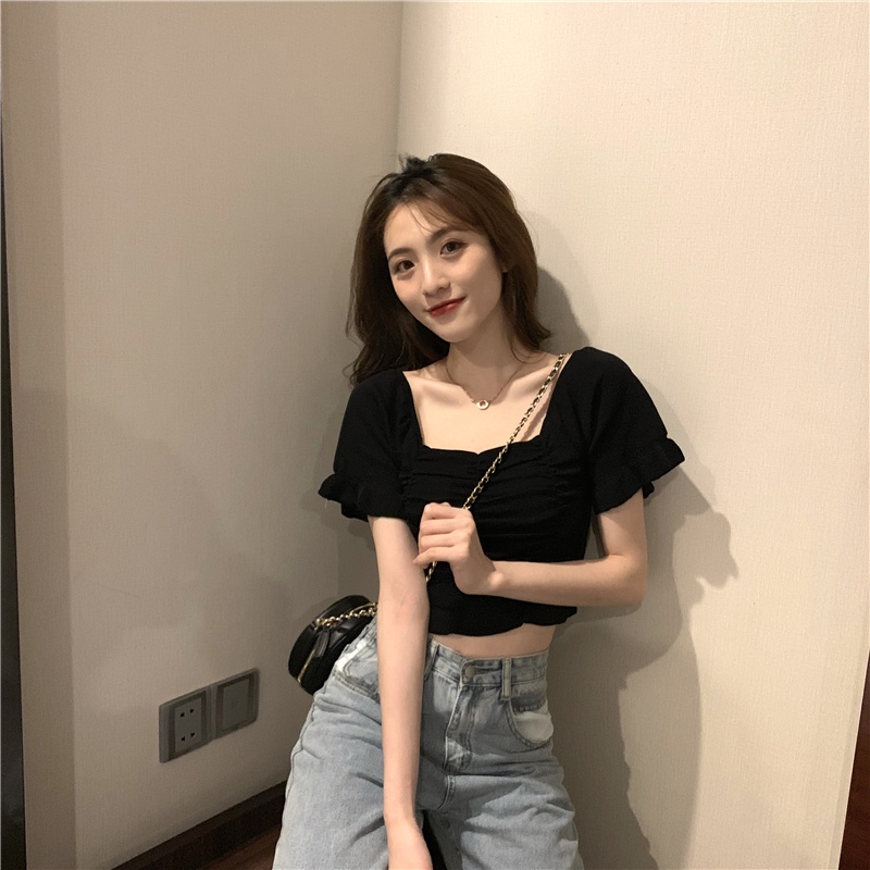 Áo kiểu ZHELIHANGFEI tay ngắn cổ vuông phong cách Pháp thời trang 2022 dành cho nữ