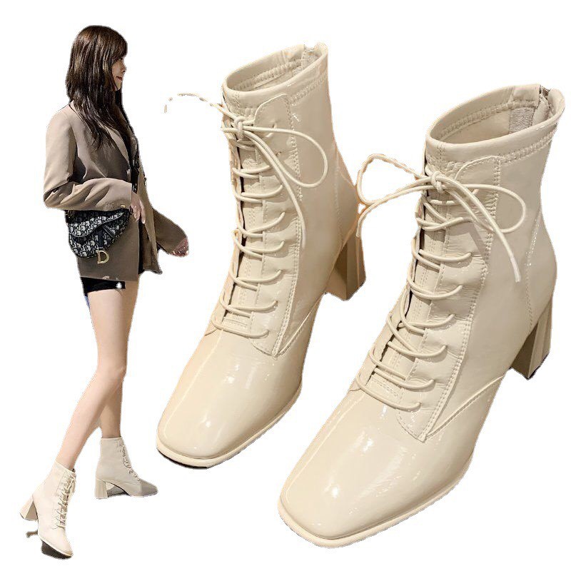 Giày Boot cổ cao da bóng đan dây phong cách Hàn quôc cực xinh