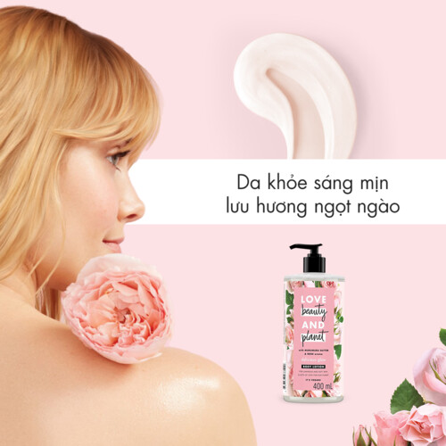 Sữa Dưỡng Thể Love Beauty &amp; Planet Delicious Glow 400ml Dưỡng Ẩm Toàn Thân Sáng Da 100% Tinh Dầu Hoa Hồng Bulgaria