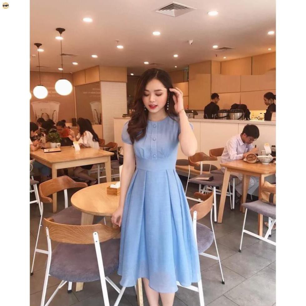 Đầm Nữ Xòe Xếp Ly Đính Nút Bọc Siêu Dễ Thương Thời Trang AMEE