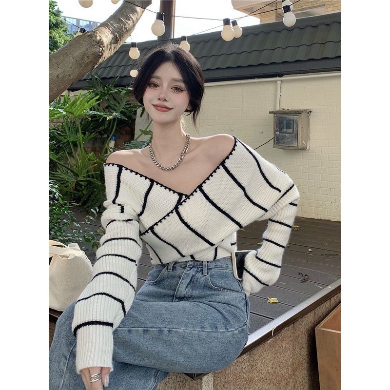 Áo Sweater Dệt Kim Họa Tiết Kẻ Sọc Phong Cách Phương Tây Thời Trang Mùa Thu Hàng Mới