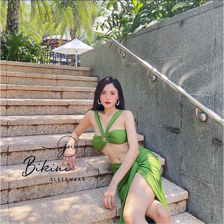Set 3 bikini Hồ Ngọc Hà xanh cốm hottrend kèm áo váy choàng khoác ngoài SET08