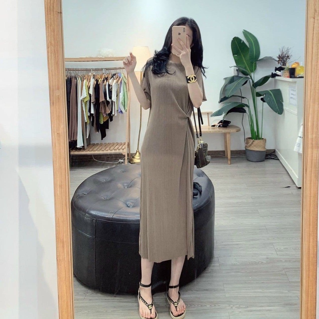 Váy dập li dáng suông tay lỡ rúm eo điệu đà chất tăm dập li co dãn bầu bí bon chen thoải mái