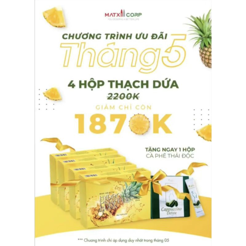 (Tem nguyên mã) mua 4 thạch Tặng 1 cafe capuchino  THẠCH DỨA HỖ TRỢ GIẢM CÂN ĐẸP DÁNG , ĐẸP DA hộp 10 gói,  9 hãng cty