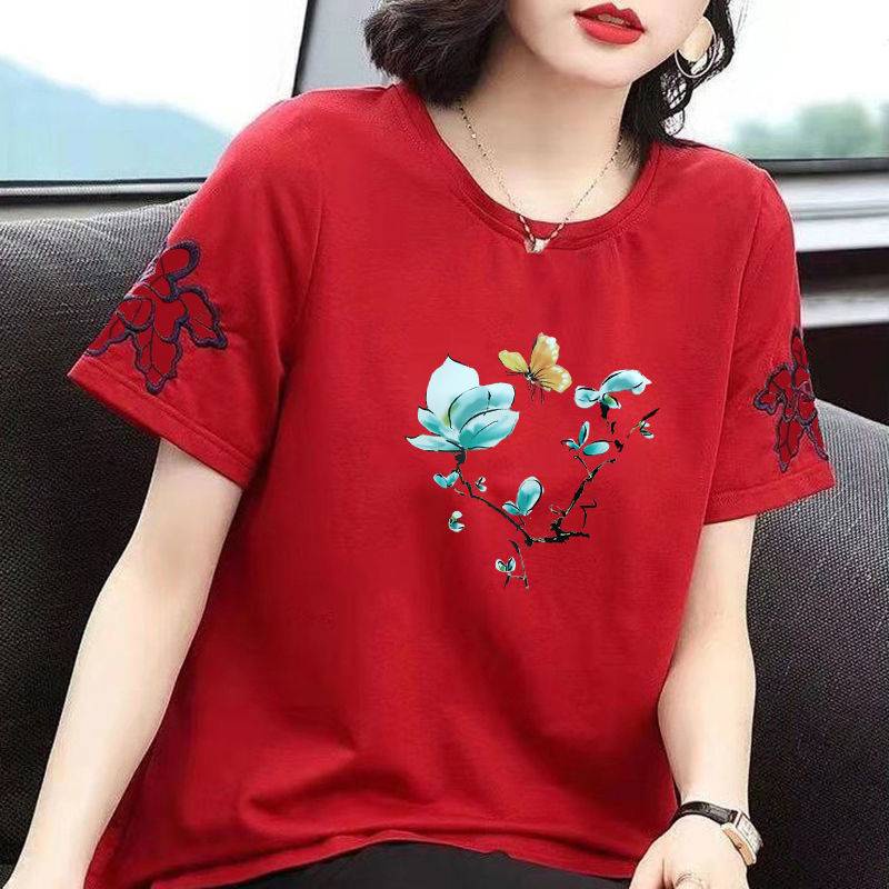 Áo Thun Tay Ngắn Cổ Tròn In Họa Tiết Plus Size Cho Phụ Nữ Trung Niên