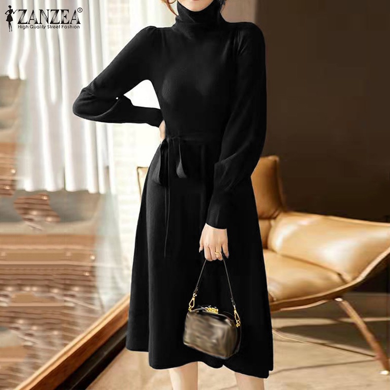 Đầm maxi Zanzea cổ lọ tay phồng dài phối thắt lưng thời trang cho nữ