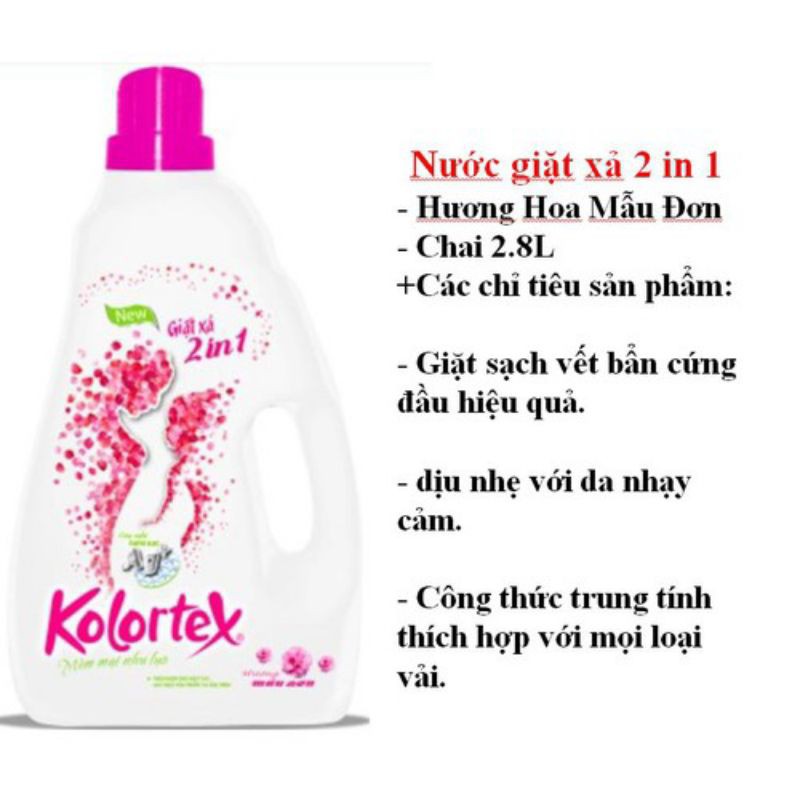 NƯỚC GIẶT XẢ KOLORTEX® 2 TRONG 1 CHO MẸ VÀ BÉ HƯƠNG MẪU ĐƠN 2.8L