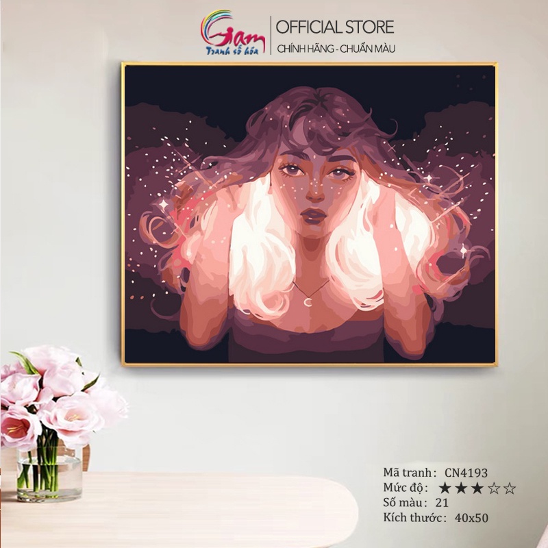 Tranh tô màu số hoá GAM trang trí tường cô gái hoa Bắc Âu có sẵn đã căng khung 40x50cm CN4193