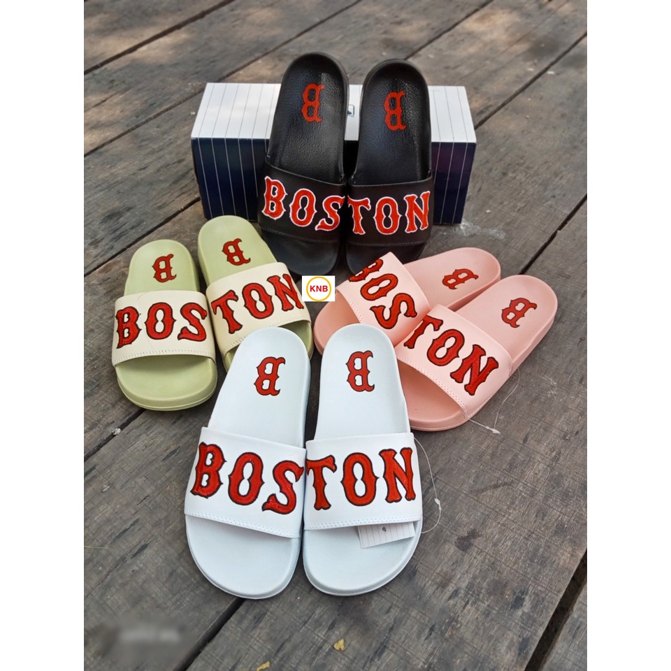 Dép unisex 𝐌𝐋𝐁 𝐁𝐎𝐒𝐓𝐎𝐍 ❤️FREESHIP + Hộp❤️ dép quai ngang nam nữ,dép mlb quai ngang thể thao nam nữ thêu chữ màu trắng