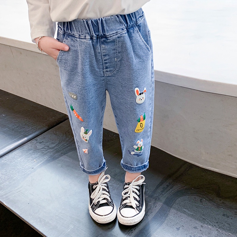 Quần jeans dài in thêu họa tiết đáng yêu cho bé gái hàng QCCC