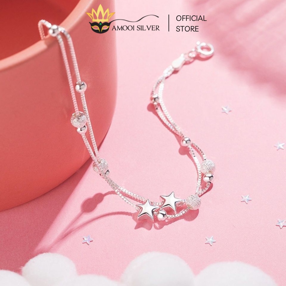 Lắc Tay Bạc S925 Dây Đôi Mẫu Ngôi Sao Kèm Bi Tròn Và Bi Cát Lấp Lánh - Amooi Silver AT05