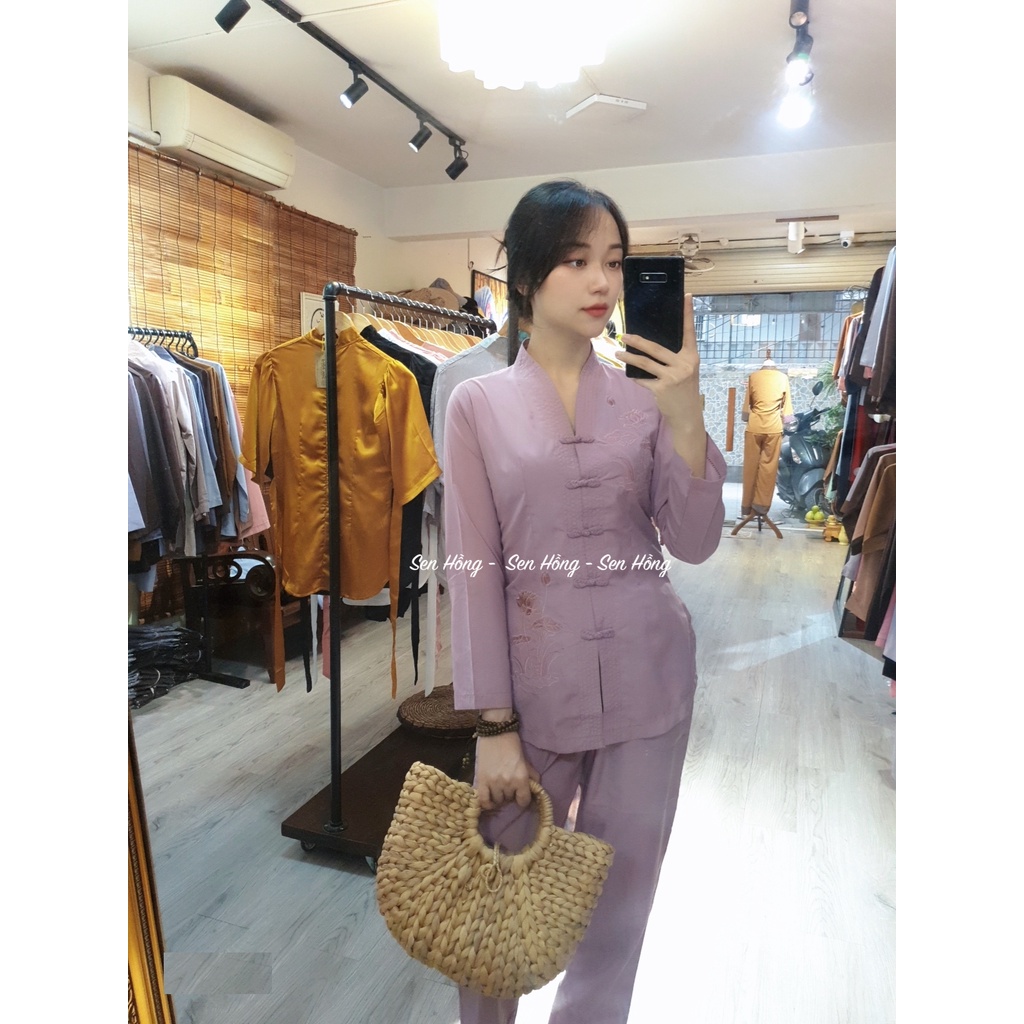 *️⃣ Bộ đồ lam Phật tử đi chùa - bà lai thêu hoa sen sắc nét vải kate loại 1 - Pháp Phục Sen Hồng mã B4