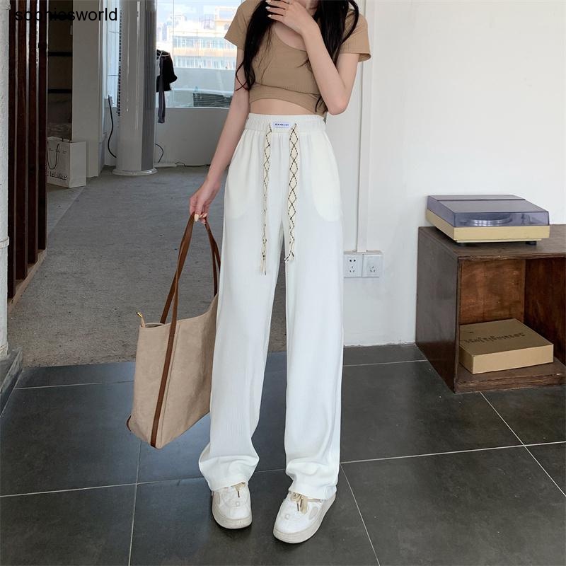 Quần Thể Thao Dây Rút Ống Rộng Lưng Cao Co Giãn Màu Đen Phong Cách Hàn Quốc Size M-2xl
