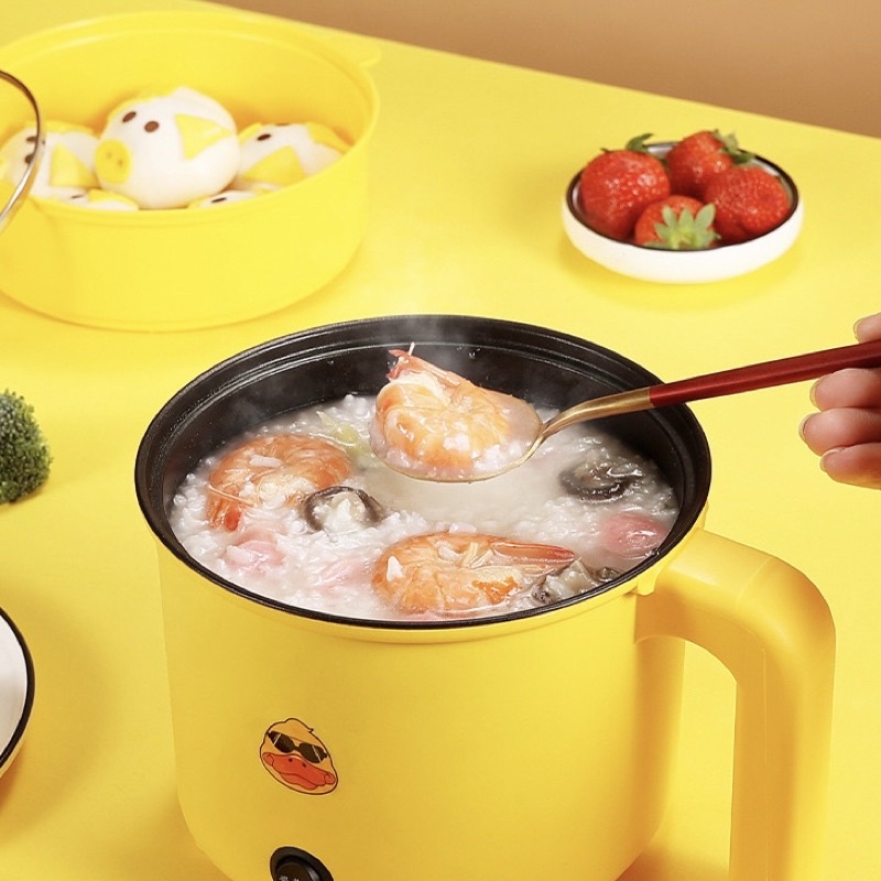Nồi lẩu mini chống dính kèm khay hấp 18cm hình VỊT VÀNG cute - Nồi lẩu điện đa năng, ca nấu mì vịt vàng có tay cầm