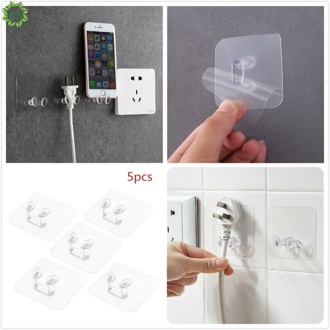 Set 5 móc giữ phích cắm gắn tường đa năng trong suốt kích thước 6x6x2cm