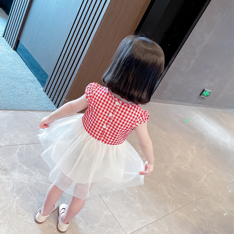 Đầm Công Chúa Tay Ngắn Phối Lưới Nơ Họa Tiết Sọc Caro Thời Trang Mùa Hè Hàn Quốc 2022 Mới Cho