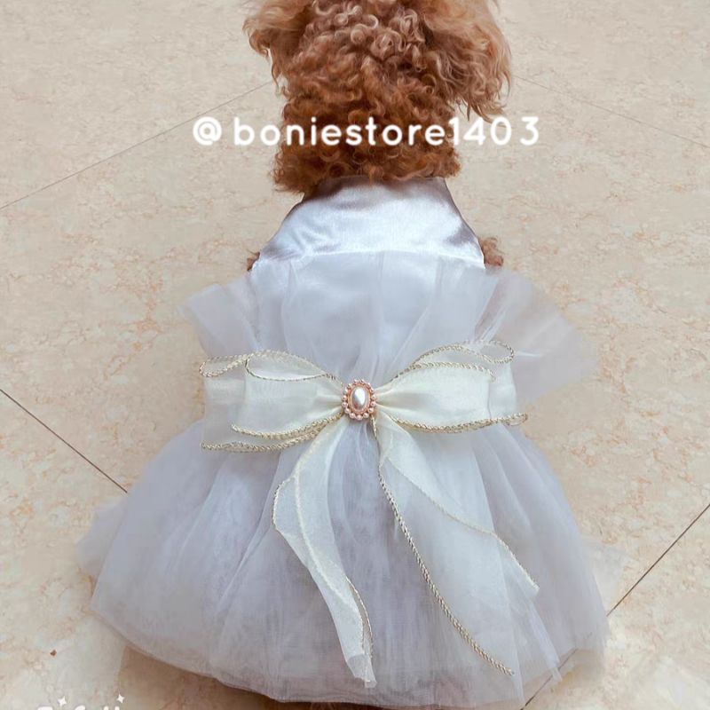Đầm Váy Cưới Trắng Cho Chó Mèo Thú Cưng, Đầm Công Chúa Đính Nơ Phối Lưới Cao Cấp Hàng Thiết Kế