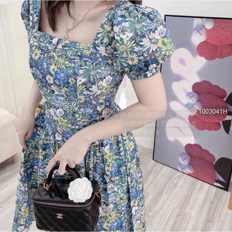 Đầm hoa cổ vuông tay phồng
