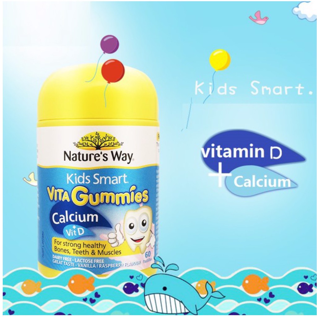 Kẹo dẻo Nature's Way Kids Smart VITA Gummies Calcium + Vitamin D - ÚC - 60 viên - Bổ sung Canxi và vitamin D cho trẻ