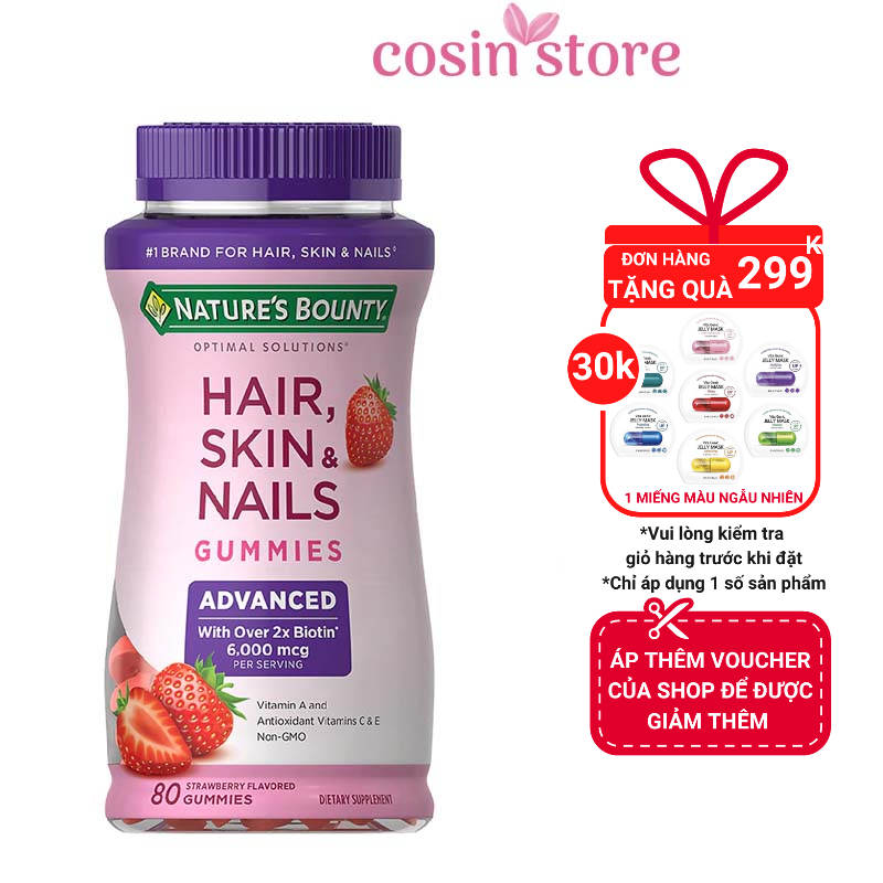 Kẹo Dẻo Nature's Bounty Hair Skin Nails Gummies 80 viên 2X Biotin Hương dâu Hỗ Trợ Đẹp Da Móng Tóc Cosin Store