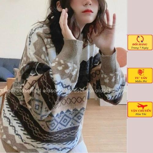 Áo len nữ vintage thổ cẩm dài tay oversize phom rộng ulzzang hàn quốc mùa thu đông