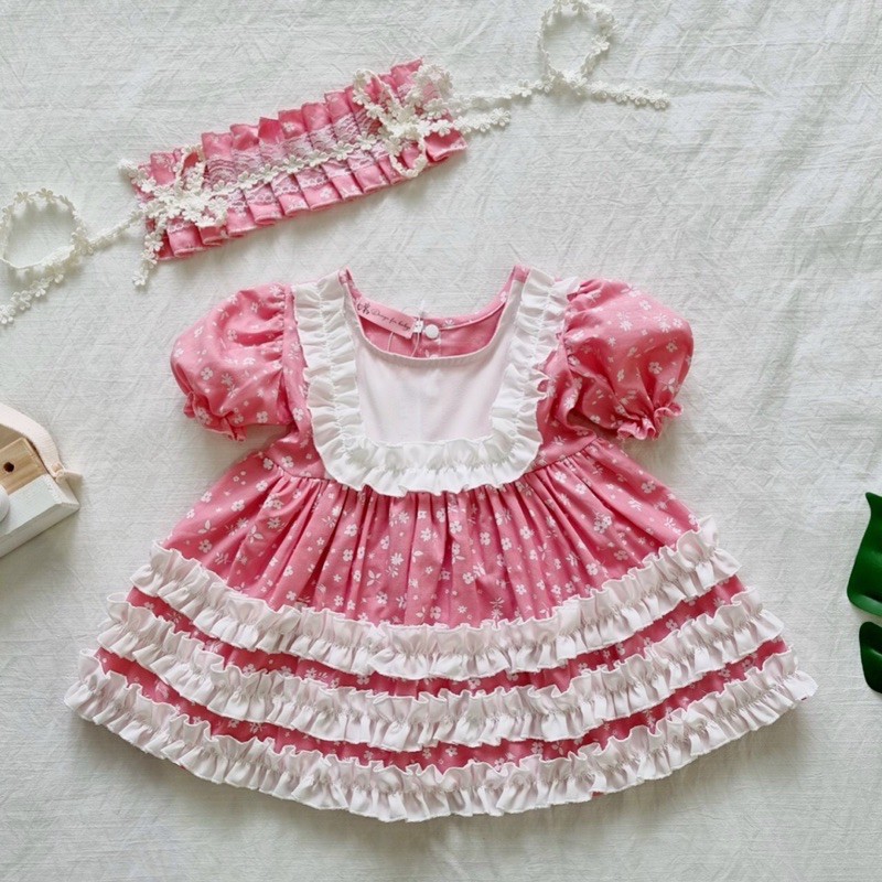 ĐẦM HỒNG 3 TẦNG SIÊU XINH CHO BÉ TẶNG BĂNG ĐÔ LOLITA
