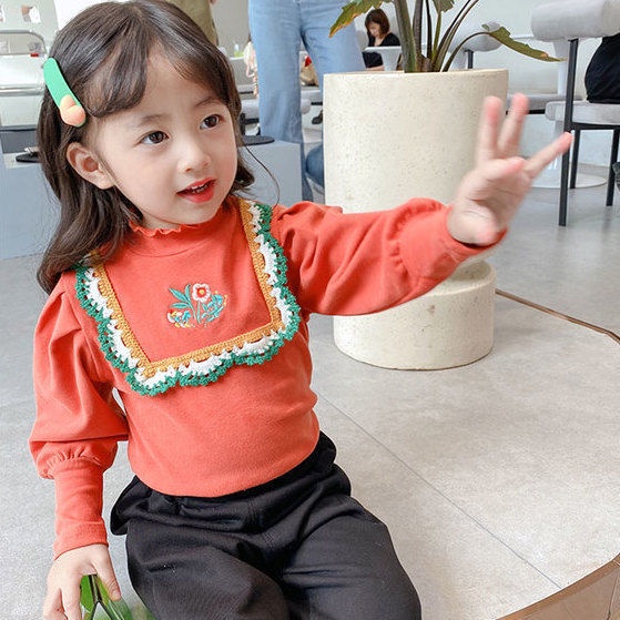 Áo Thun Tay Dài Cổ Cao Thêu Họa Tiết Thời Trang Xuân Thu Cho Bé Gái