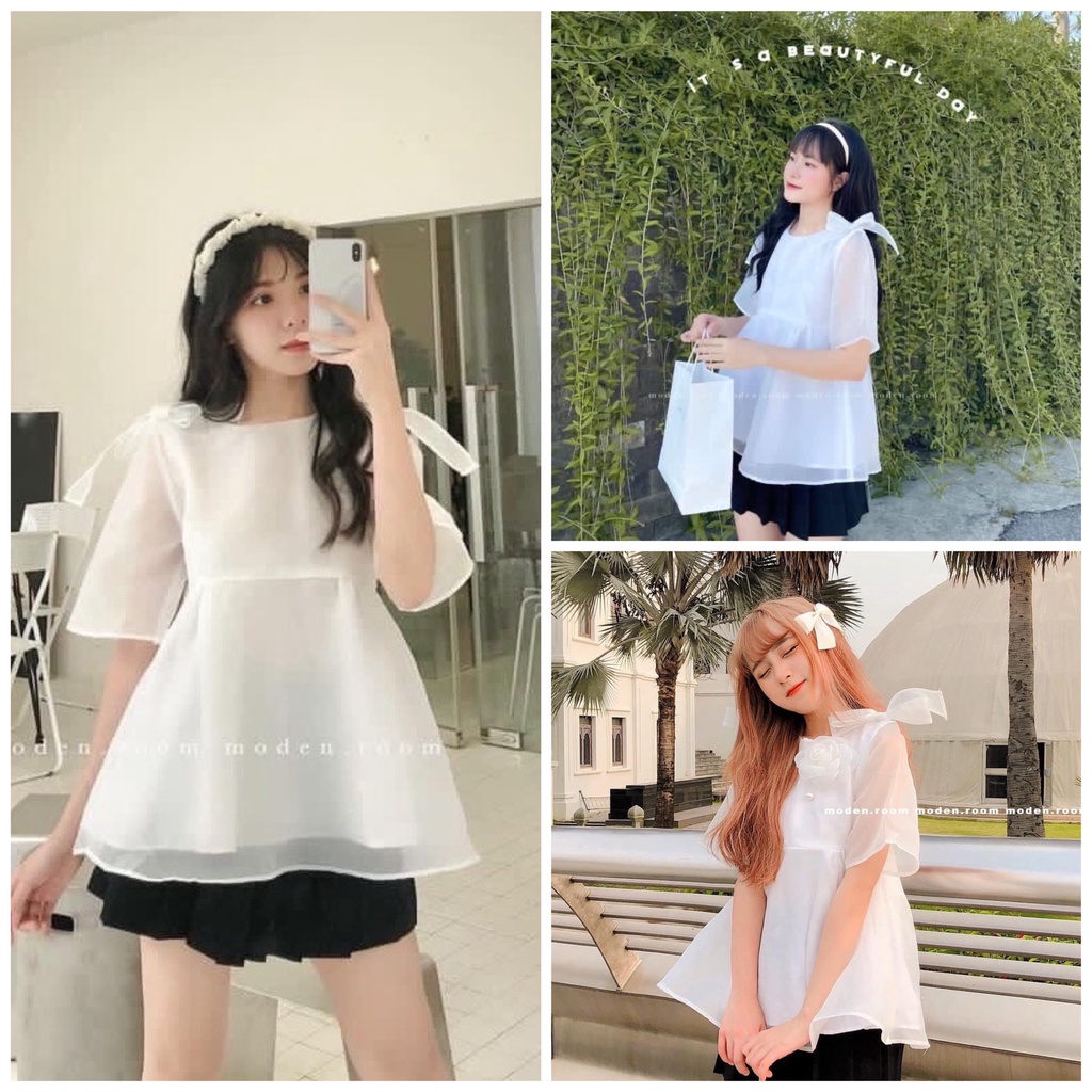 Áo Babydoll Trắng Phối Nơ Vai JOLIE Nữ  🌸 Thun kiểu bánh bèo tiểu thư mặc đi biển hàn quốc đẹp Ulzzang 🌸