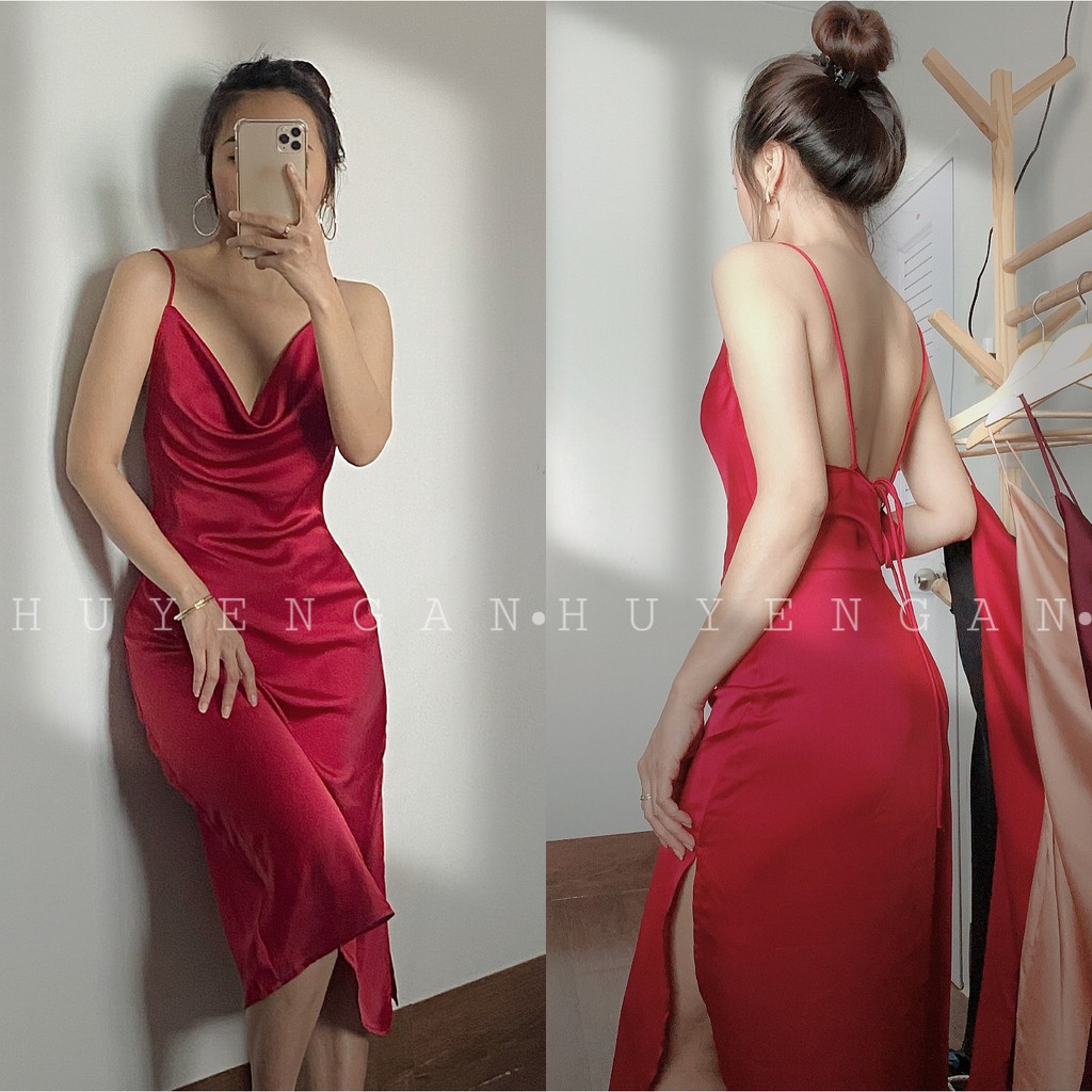Váy lụa cổ đổ hở lưng form qua gối