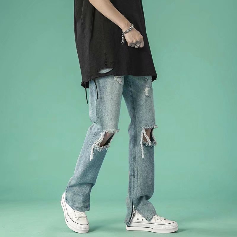 Quần Jeans Rách Phối Khóa Kéo Dáng Rộng Phong Cách Hàn Quốc Thời Trang Cho Nam bigsize quần jean ống suông