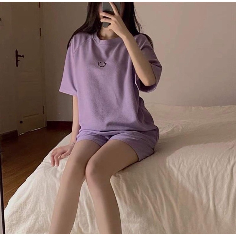 Set Raglan Tổ Ong Thêu Mặt Cười Nữ  🌸 Bộ đồ quần short kèm áo thun form rộng tay lỡ hàn quốc Ulzzang 🌸