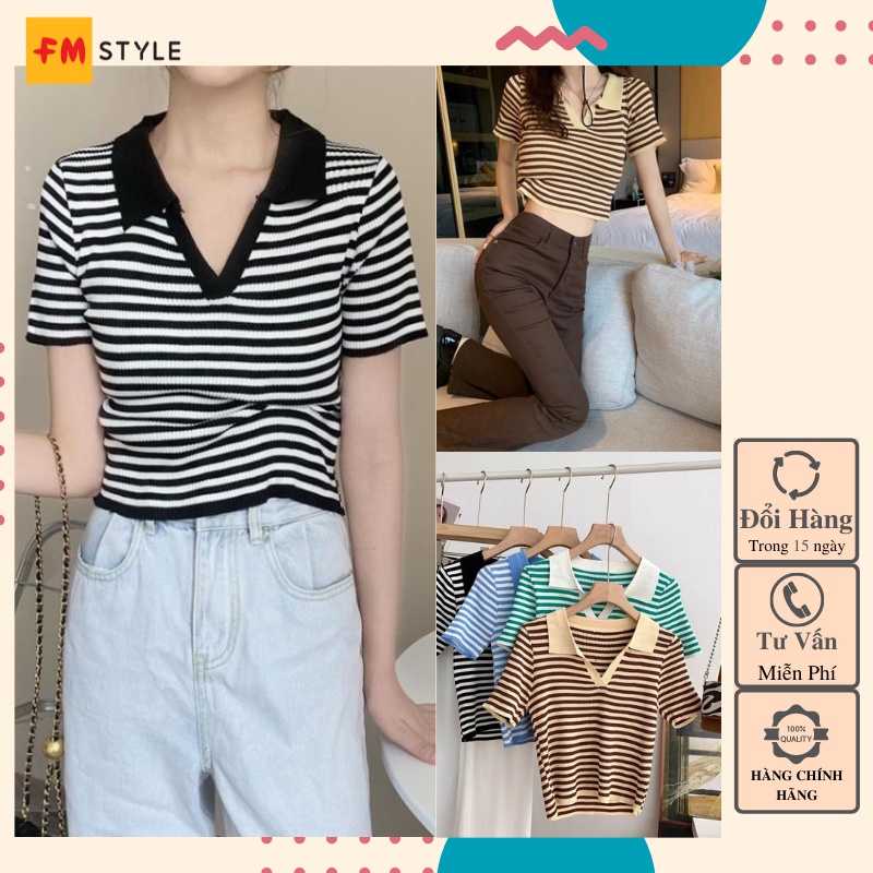 Áo cardigan polo nữ Fmstyle shop áo polo croptop cổ V hoạ tiết sọc phong cách hàn quốc 204250118