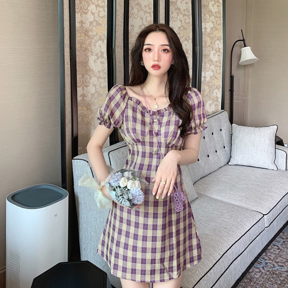 Đầm nữ , váy nữ dáng ôm tay bồng họa tiết caro phong cách retro ATILA SHOP | BigBuy360 - bigbuy360.vn