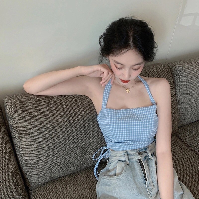 [ORDER] Áo dây croptop kẻ xanh và áo len mỏng khoác ngoài (có ảnh thật)