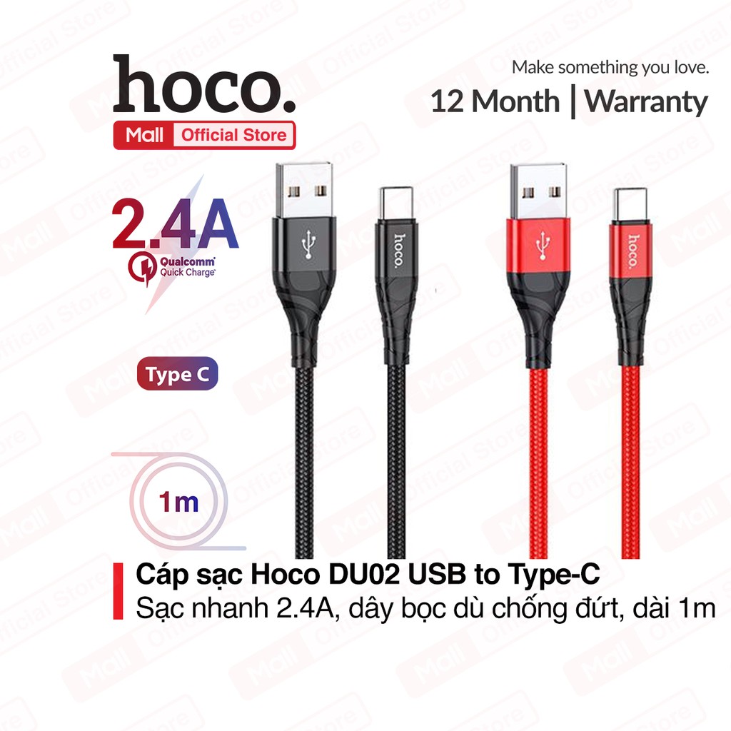 Cáp sạc nhanh Hoco DU02/DU02Plus Type-C USB 2.4A, sạc nhanh cho nhiều dòng điện thoại, dây bền dù chống đứt, dài 1m/2M