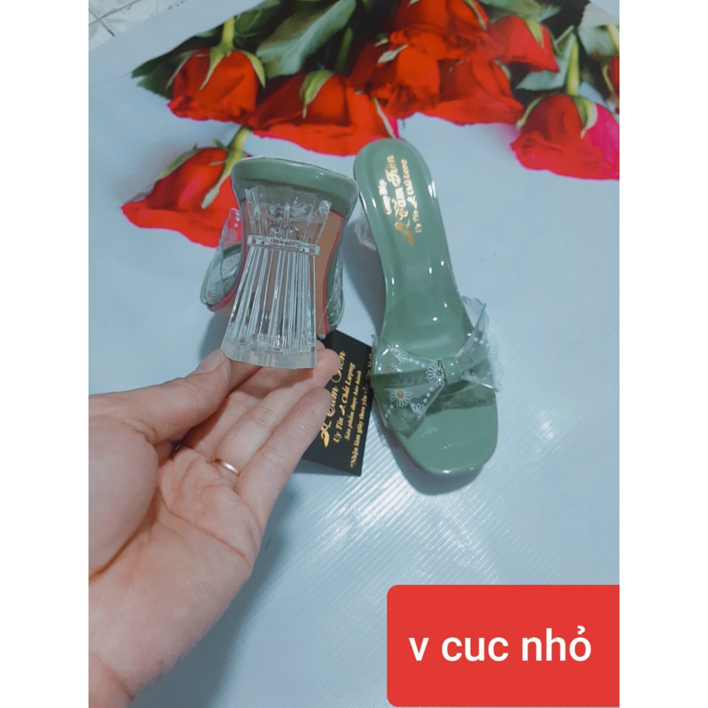 giày cao gót nữ màu xanh ngọc hoa cúc gót trong 7cm