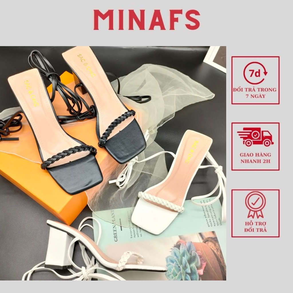 Sandal Chiến Binh MINAFS Dây Quấn Gót Vuông Quai Đan Bính Cột Cao Quanh Cổ Chân Công Sở Áo Dài Mũi Vuông Hở Gót Cao 7cm