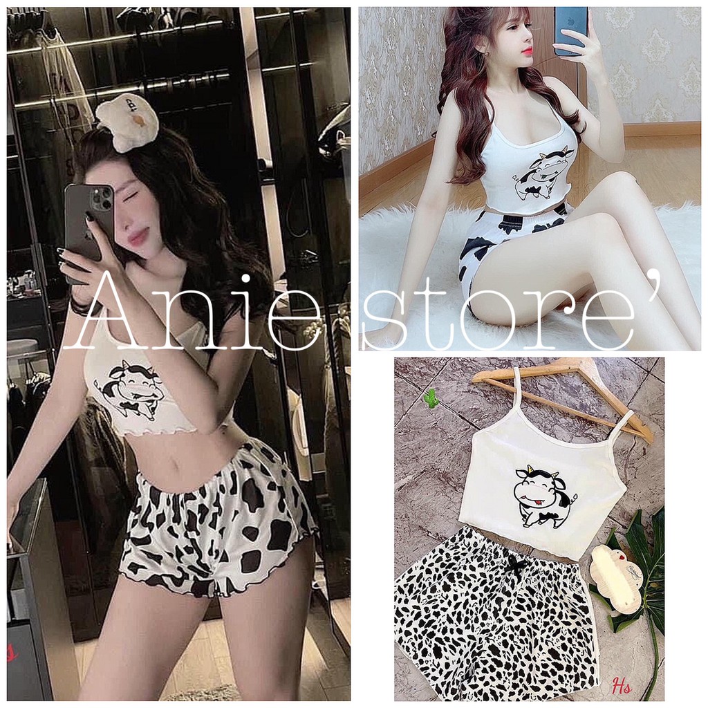 Bộ Áo Croptop Bò Sữa Quần Đùi 🦋 Set Áo 2 Dây Quần Cộc Nhiều Hình 🦋