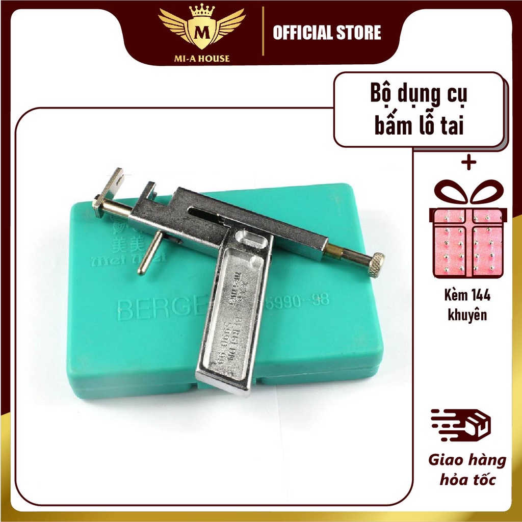 Súng bắn lỗ tai - Máy bấm lỗ tai kim loại kèm bút gương và 144 khuyên tai - phù hợp cho spa tiệm nail hoặc tại nhà