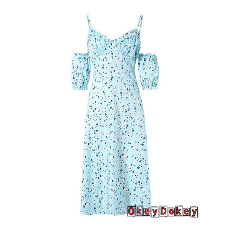 OKDK-Women’s Fashion Suspender Short Sleeve Dress Fashion Floral V-neck Split Mid-length Dress