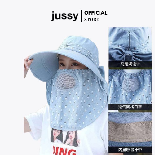Mũ Rộng Vành Nữ Che Nắng Kèm Khẩu Trang Jussy Fashion Kiểu Dáng Mũ Chống Nắng Che Full Mặt Và Cổ Chất Vải Thoáng Mát