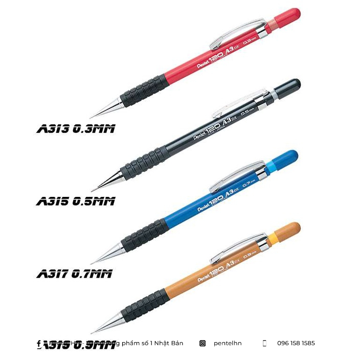 Bút Chì Kim Kỹ Thuật Pentel 120 A3 | Ngòi Bút Bằng Thép Chắc Chắn | Hạn Chế Gãy Ngòi | Mechanical Pencil | 4 Cỡ Ngòi